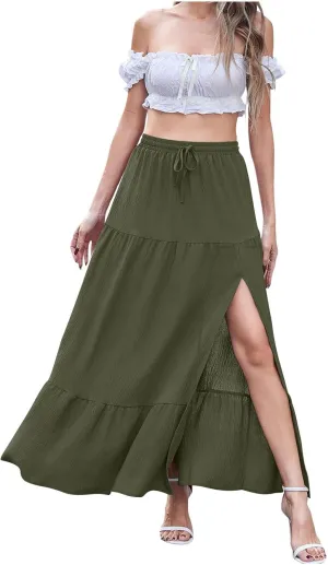 Women Boho Maxi Skirt Set Off Shoulder Ruffle Trim Ruched Crop Top and Flowy Slit Long Skirts 2 Piece Outfits Beach Wear