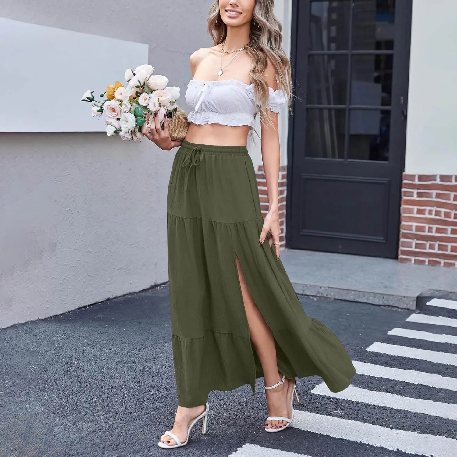 Women Boho Maxi Skirt Set Off Shoulder Ruffle Trim Ruched Crop Top and Flowy Slit Long Skirts 2 Piece Outfits Beach Wear