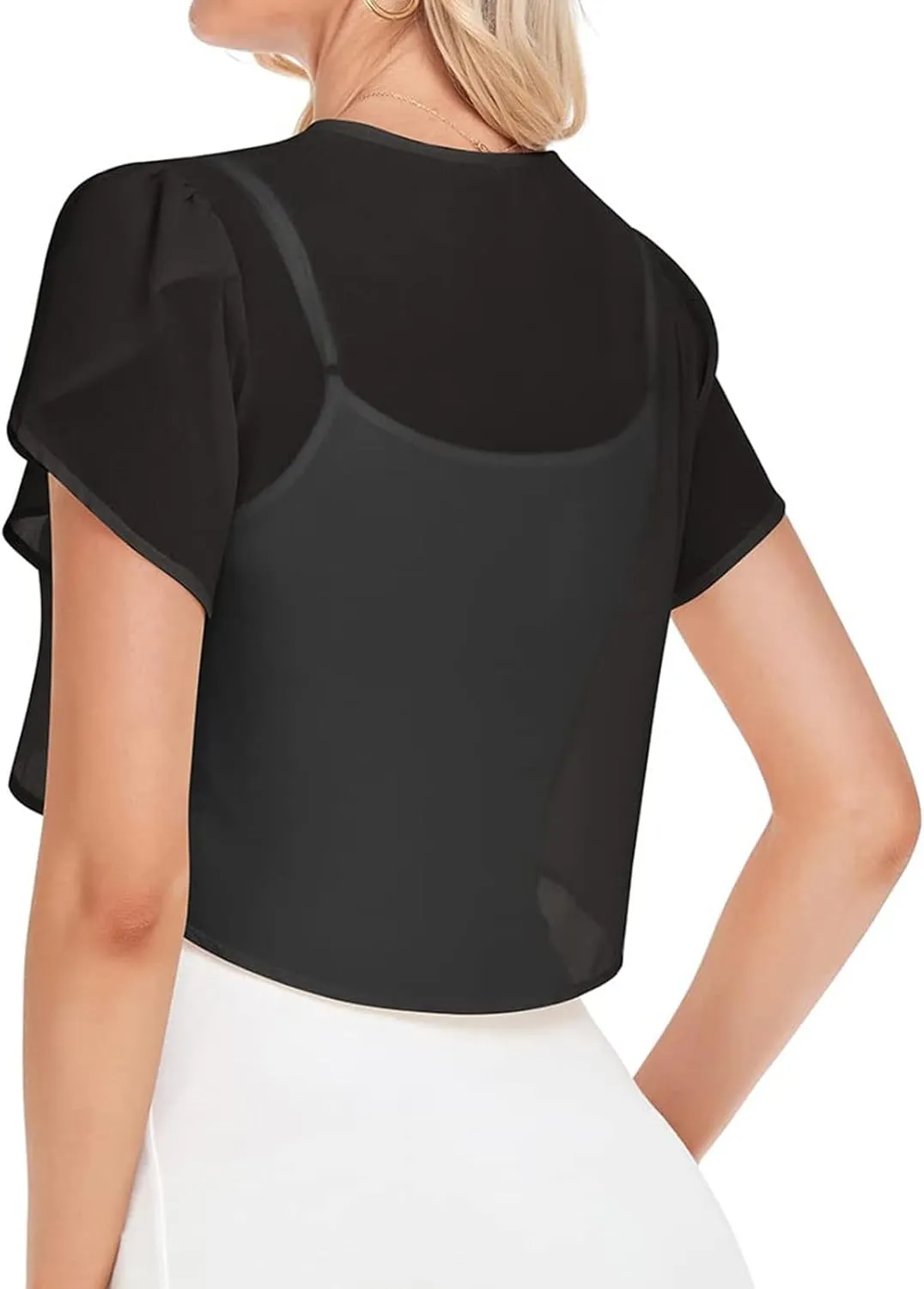 Women Cropped Shrug Cardigan Sheer Ruffle Trim Short Sleeve Chiffon Bolero Jacket for Dress Open Front Crop Tops