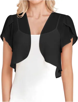 Women Cropped Shrug Cardigan Sheer Ruffle Trim Short Sleeve Chiffon Bolero Jacket for Dress Open Front Crop Tops