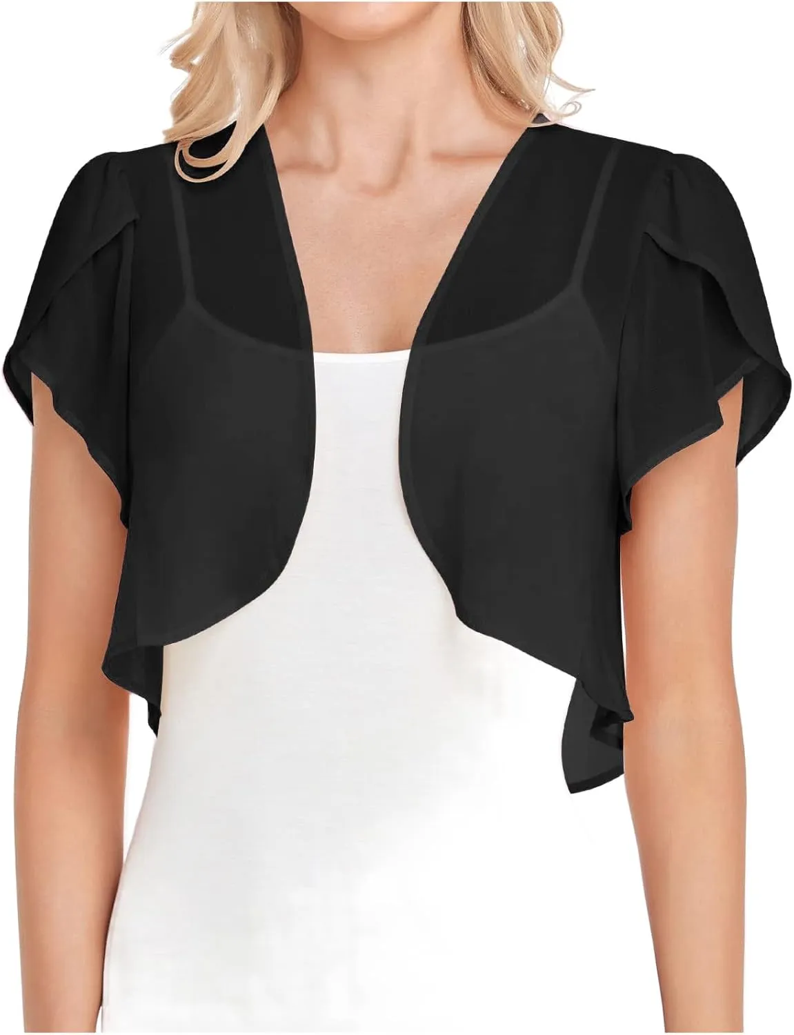Women Cropped Shrug Cardigan Sheer Ruffle Trim Short Sleeve Chiffon Bolero Jacket for Dress Open Front Crop Tops