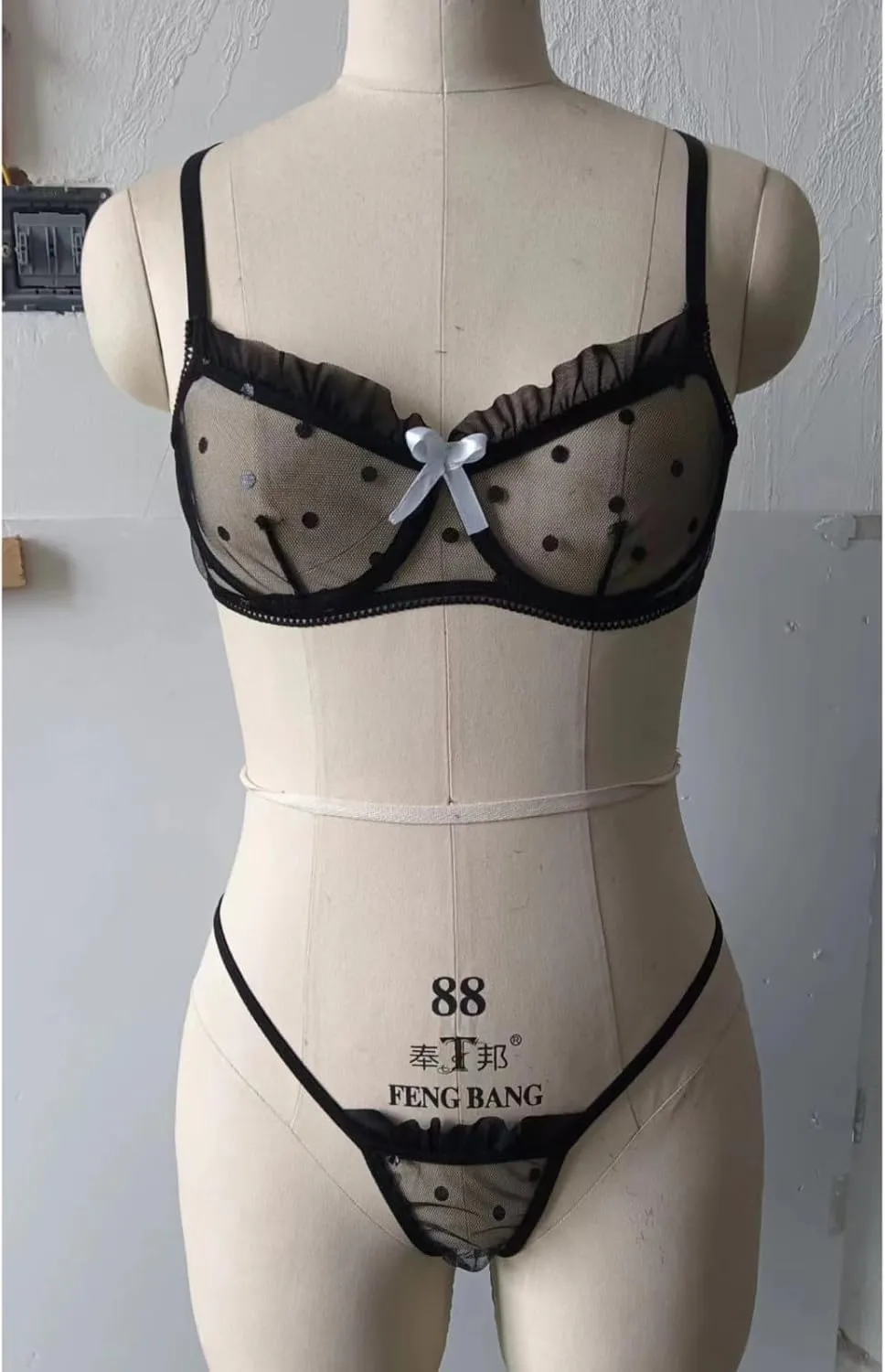 Women Dot Mesh Lingerie Set Slim Cut Out Underwire Lingerie Set Two Piece Underwear Hanging Neck Towel Bra for