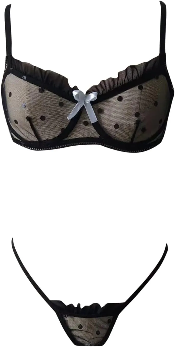 Women Dot Mesh Lingerie Set Slim Cut Out Underwire Lingerie Set Two Piece Underwear Hanging Neck Towel Bra for