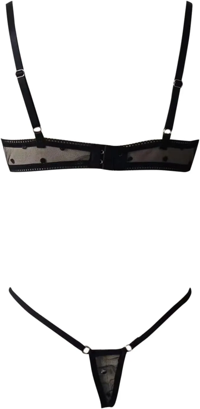 Women Dot Mesh Lingerie Set Slim Cut Out Underwire Lingerie Set Two Piece Underwear Hanging Neck Towel Bra for