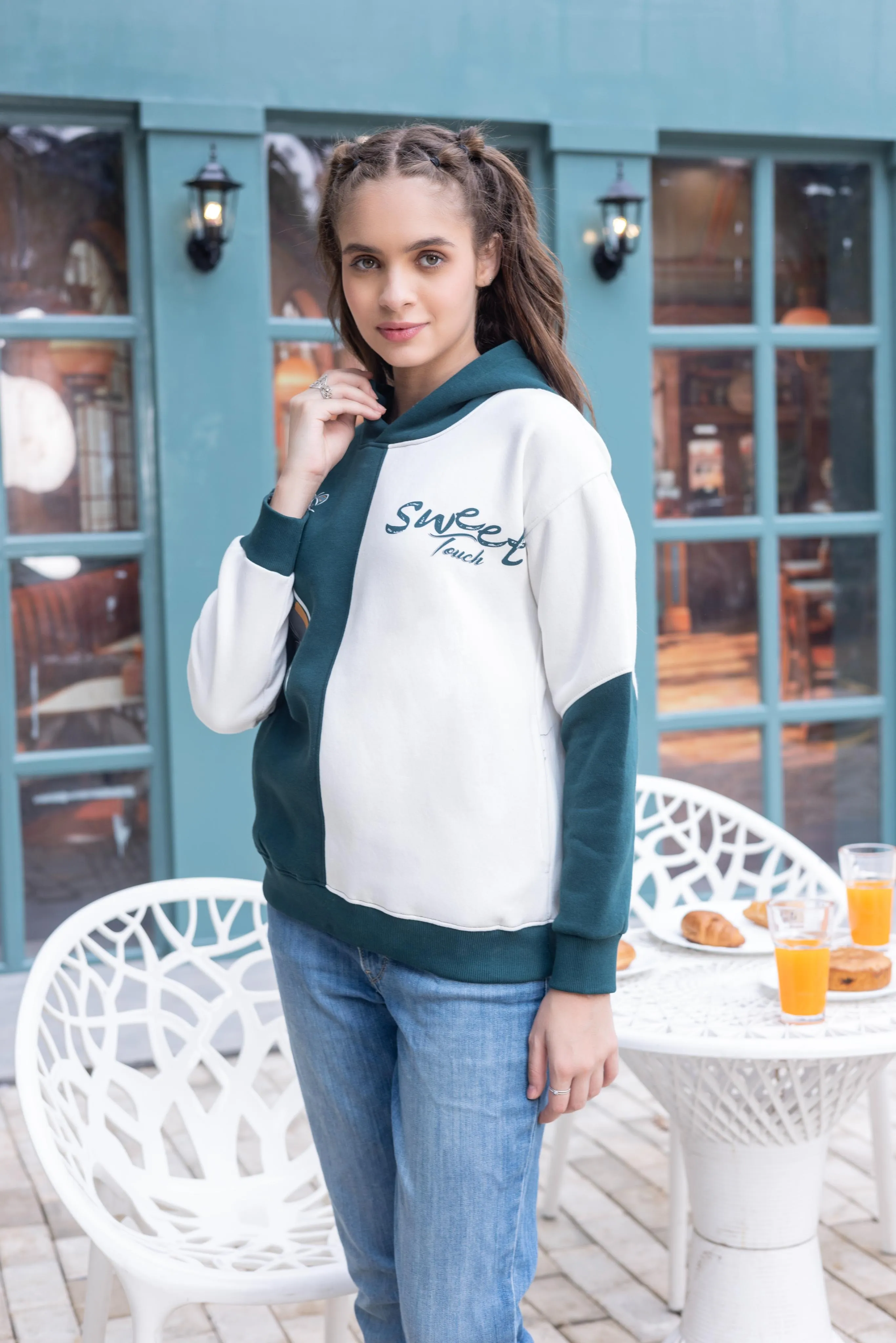 Women Dual-Tone Fleece Hoodie with Elasticated Cuff