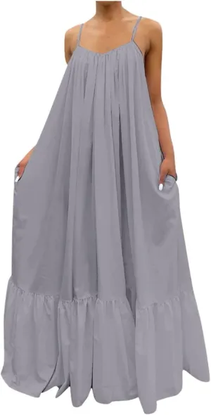 Women Flowy Dress Sleeveless Spaghetti Strap Maxi Long Thin Sexy Low Cut Vneck Ruched Fall Summer Dress for Women 2025