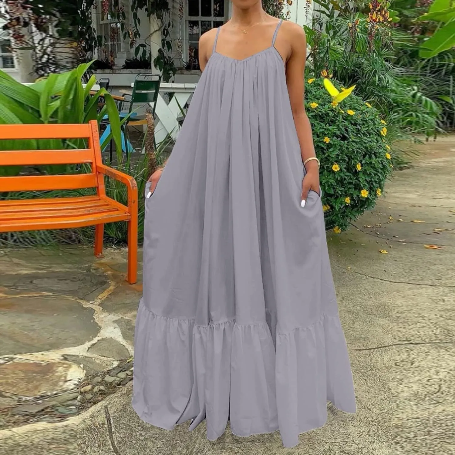 Women Flowy Dress Sleeveless Spaghetti Strap Maxi Long Thin Sexy Low Cut Vneck Ruched Fall Summer Dress for Women 2025