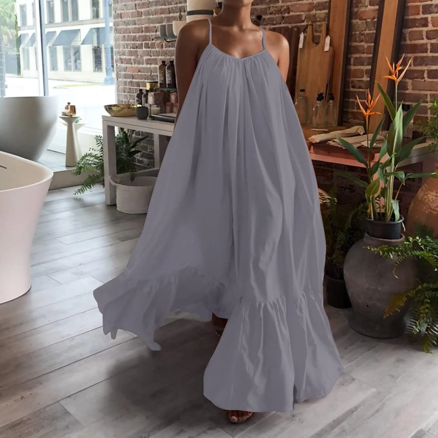 Women Flowy Dress Sleeveless Spaghetti Strap Maxi Long Thin Sexy Low Cut Vneck Ruched Fall Summer Dress for Women 2025