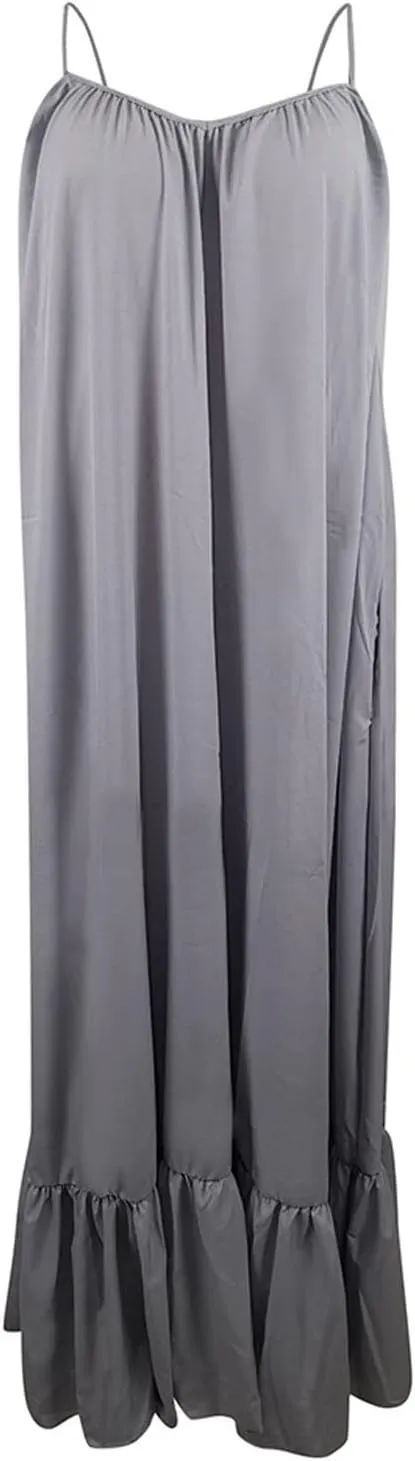 Women Flowy Dress Sleeveless Spaghetti Strap Maxi Long Thin Sexy Low Cut Vneck Ruched Fall Summer Dress for Women 2025