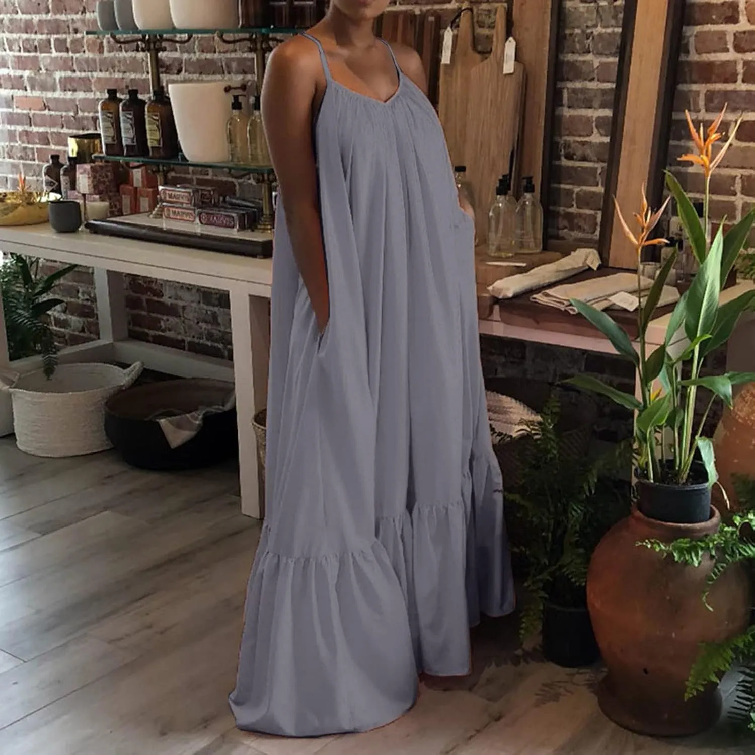 Women Flowy Dress Sleeveless Spaghetti Strap Maxi Long Thin Sexy Low Cut Vneck Ruched Fall Summer Dress for Women 2025