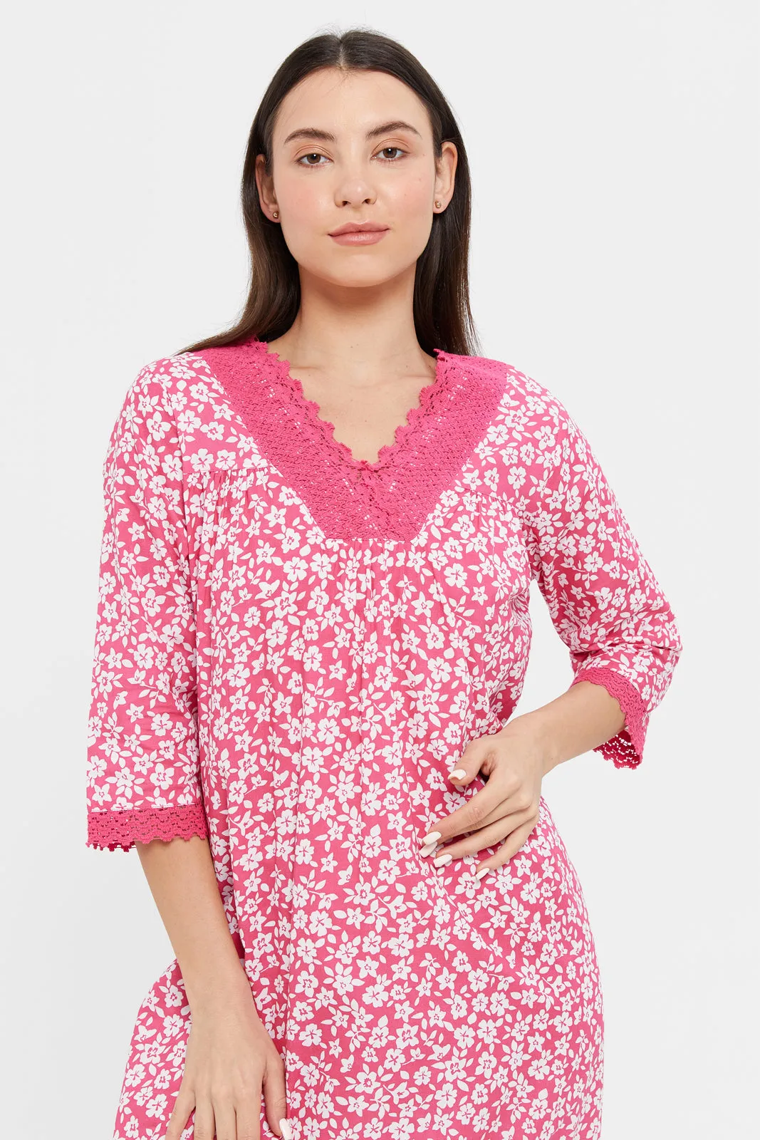 Women Fuchsia Embellished With Lace Nightgown