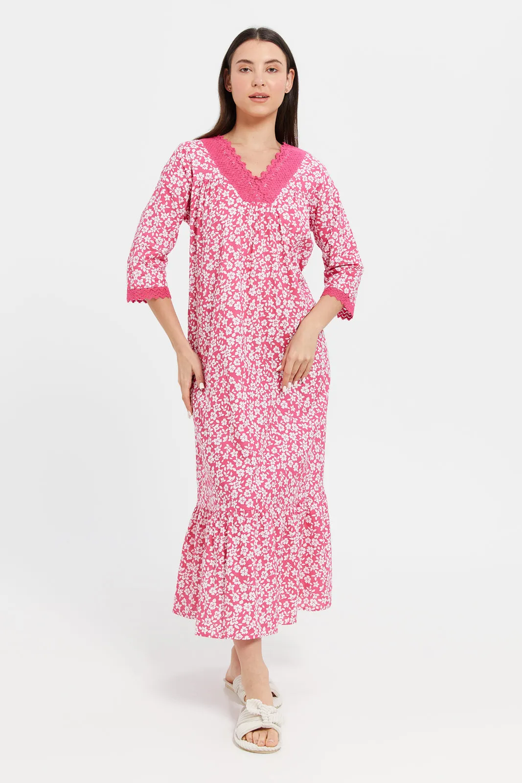 Women Fuchsia Embellished With Lace Nightgown