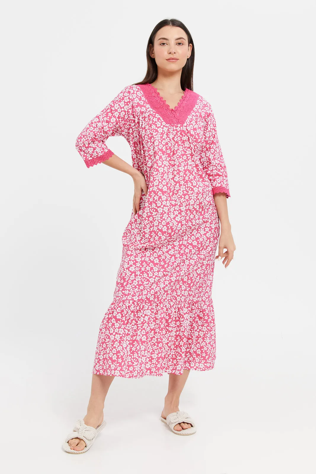 Women Fuchsia Embellished With Lace Nightgown