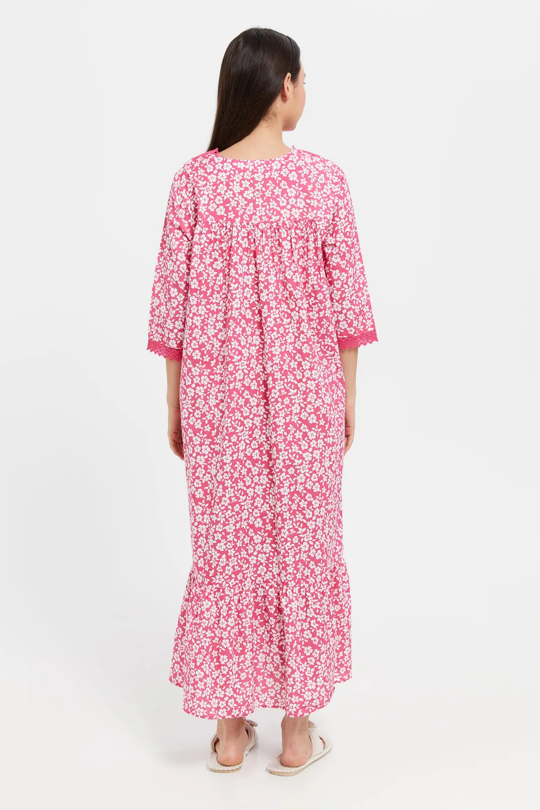 Women Fuchsia Embellished With Lace Nightgown