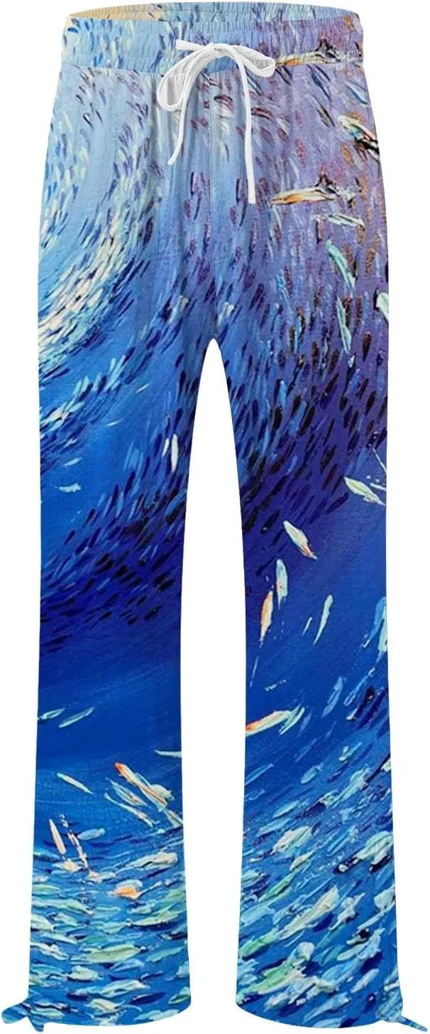 Women High Waisted Cotton Linen Palazzo Pants Dog Fish Graphic Wide Leg Long Japanese Pants Trousers with Pockets