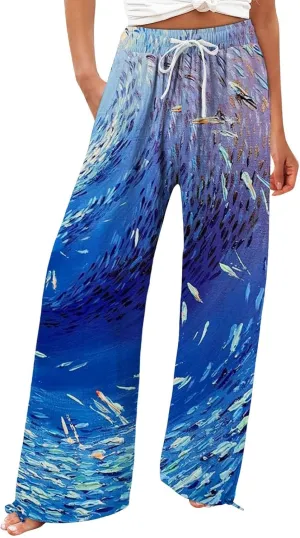 Women High Waisted Cotton Linen Palazzo Pants Dog Fish Graphic Wide Leg Long Japanese Pants Trousers with Pockets