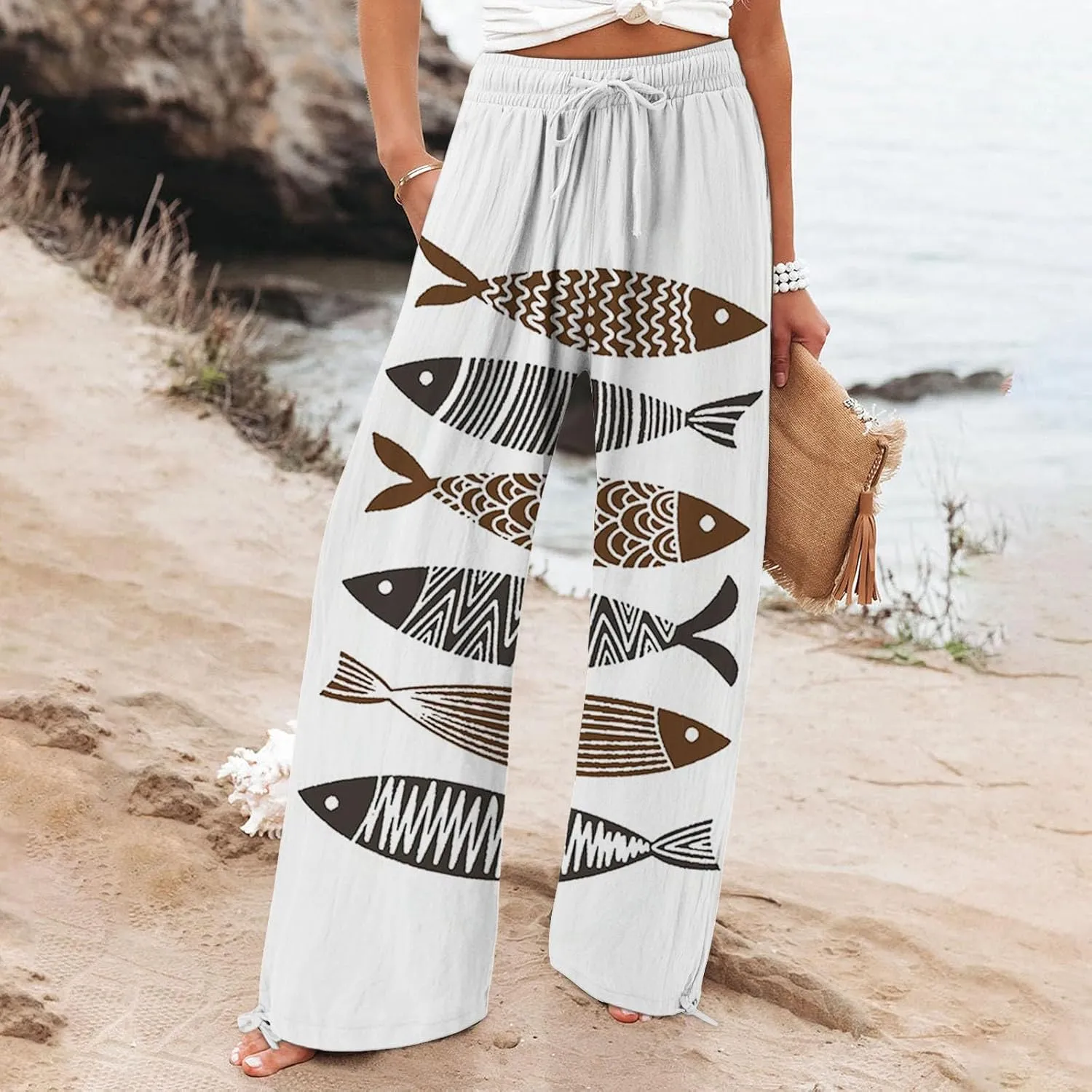 Women High Waisted Cotton Linen Palazzo Pants Dog Fish Graphic Wide Leg Long Japanese Pants Trousers with Pockets