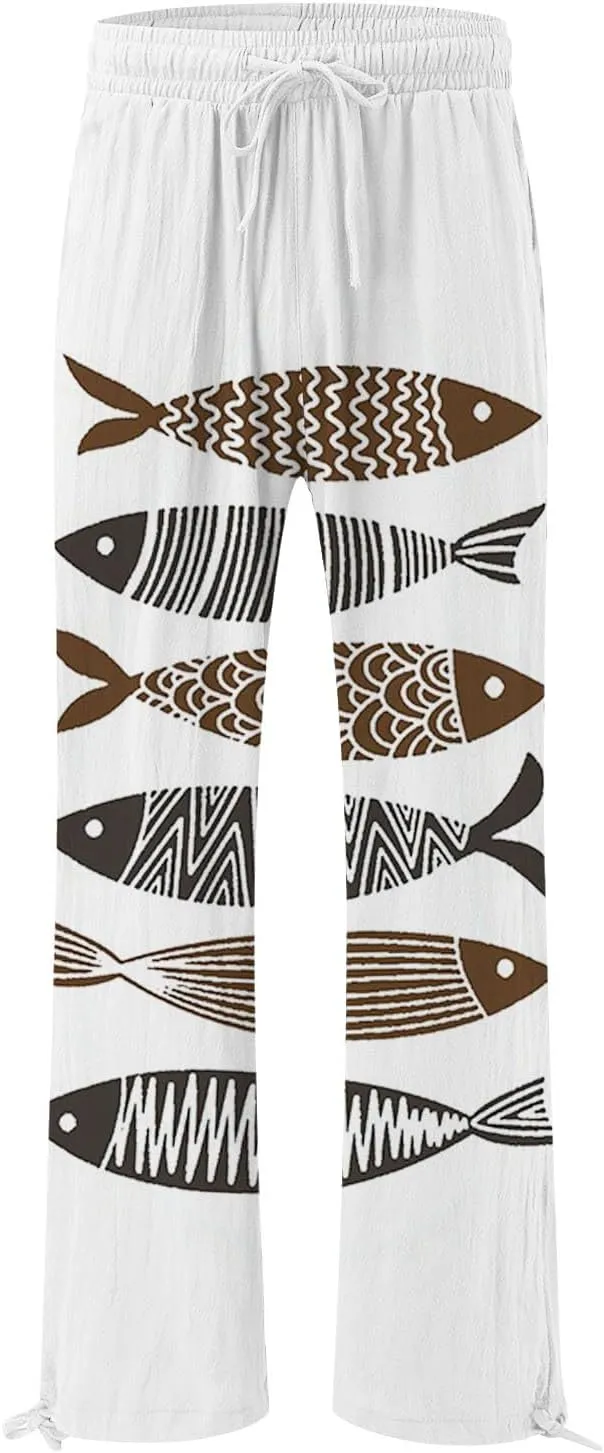 Women High Waisted Cotton Linen Palazzo Pants Dog Fish Graphic Wide Leg Long Japanese Pants Trousers with Pockets