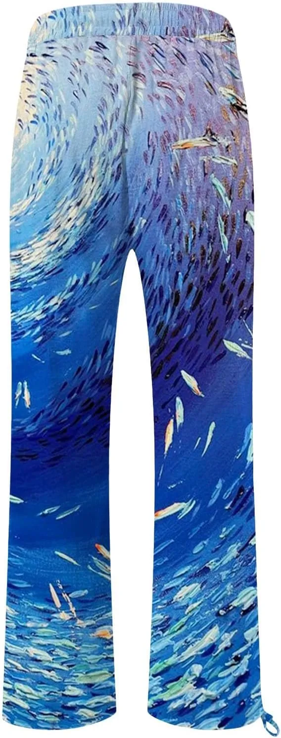 Women High Waisted Cotton Linen Palazzo Pants Dog Fish Graphic Wide Leg Long Japanese Pants Trousers with Pockets