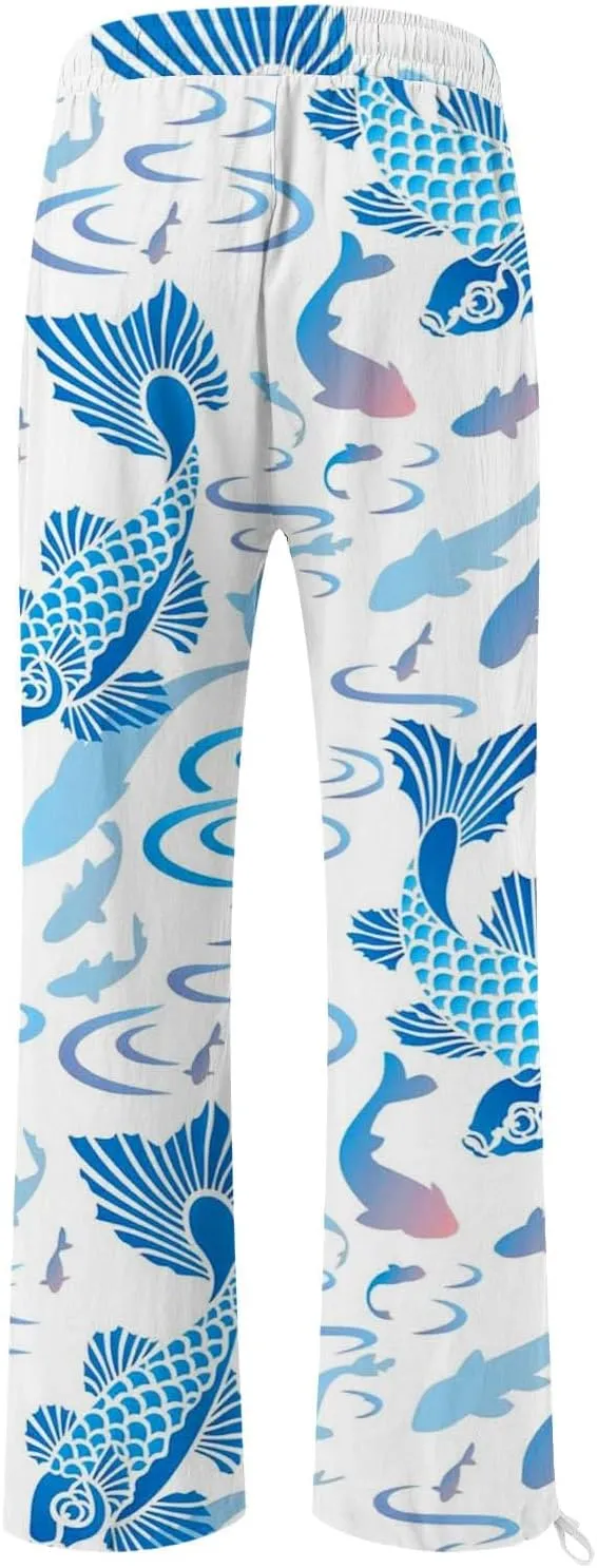 Women High Waisted Cotton Linen Palazzo Pants Dog Fish Graphic Wide Leg Long Japanese Pants Trousers with Pockets
