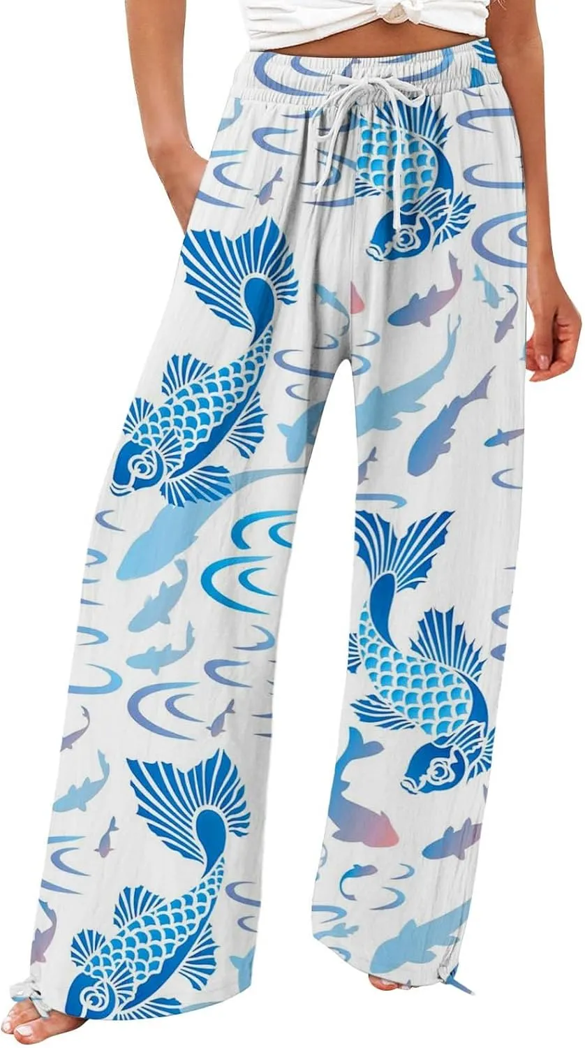 Women High Waisted Cotton Linen Palazzo Pants Dog Fish Graphic Wide Leg Long Japanese Pants Trousers with Pockets