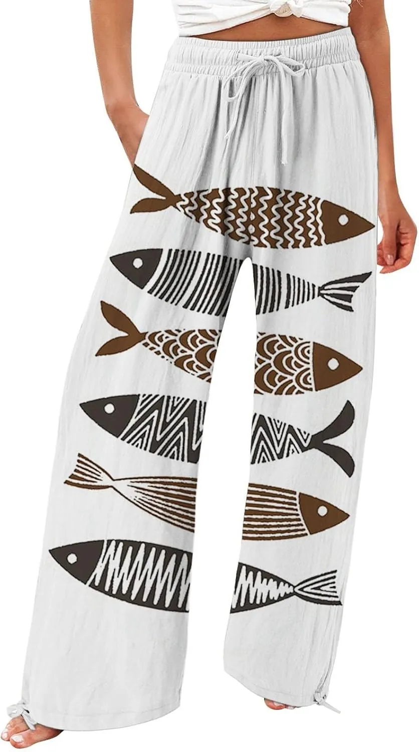 Women High Waisted Cotton Linen Palazzo Pants Dog Fish Graphic Wide Leg Long Japanese Pants Trousers with Pockets