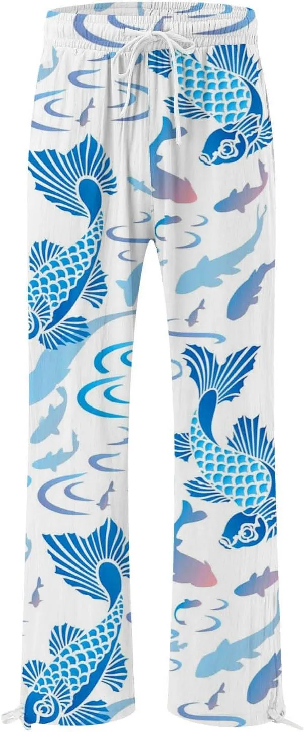 Women High Waisted Cotton Linen Palazzo Pants Dog Fish Graphic Wide Leg Long Japanese Pants Trousers with Pockets