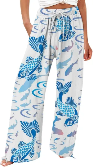 Women High Waisted Cotton Linen Palazzo Pants Dog Fish Graphic Wide Leg Long Japanese Pants Trousers with Pockets