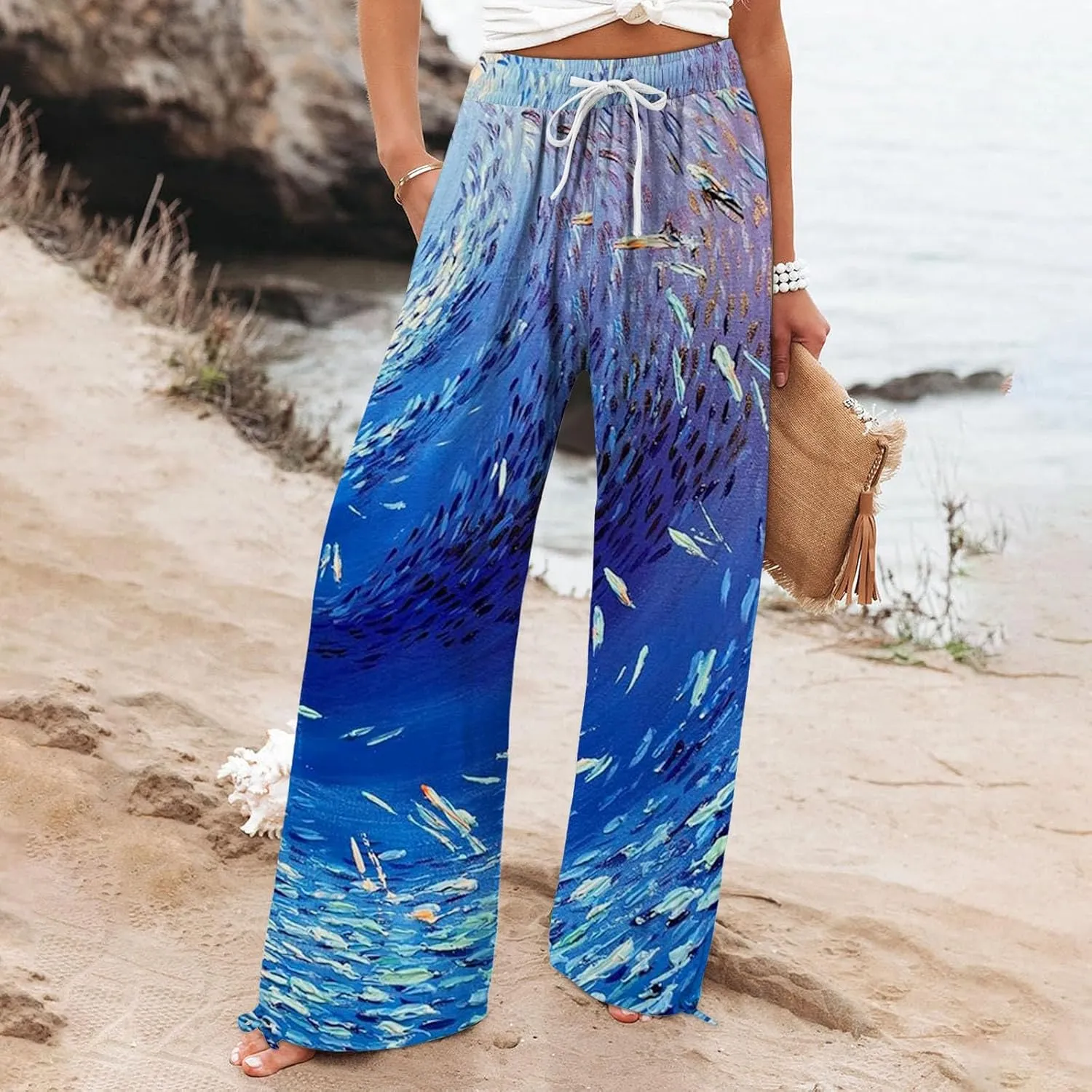 Women High Waisted Cotton Linen Palazzo Pants Dog Fish Graphic Wide Leg Long Japanese Pants Trousers with Pockets