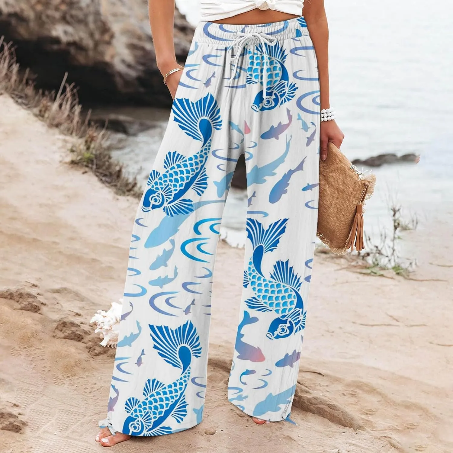 Women High Waisted Cotton Linen Palazzo Pants Dog Fish Graphic Wide Leg Long Japanese Pants Trousers with Pockets