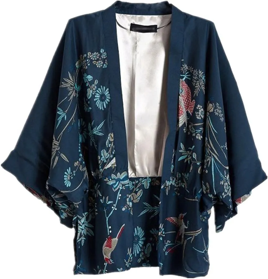 Women Kimono Cover Up Japanese Style Cardigan Floral Print 3/4 Sleeve Women Blouse Coat Casual Jacket