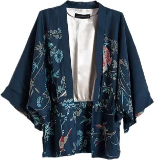 Women Kimono Cover Up Japanese Style Cardigan Floral Print 3/4 Sleeve Women Blouse Coat Casual Jacket