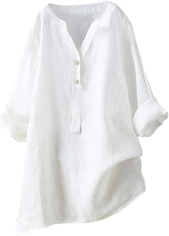 Women Linen Shirts V Neck Button Blouse Boho Dressy Tshirts Short Sleeve Loose Fit T Shirts