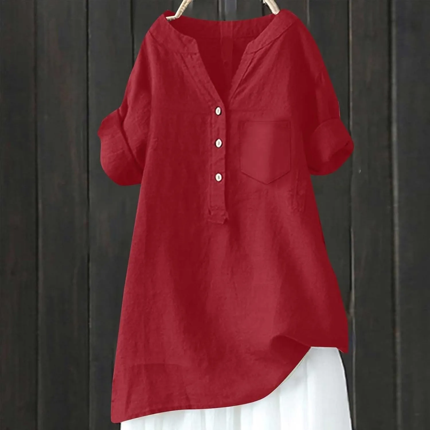 Women Linen Shirts V Neck Button Blouse Boho Dressy Tshirts Short Sleeve Loose Fit T Shirts
