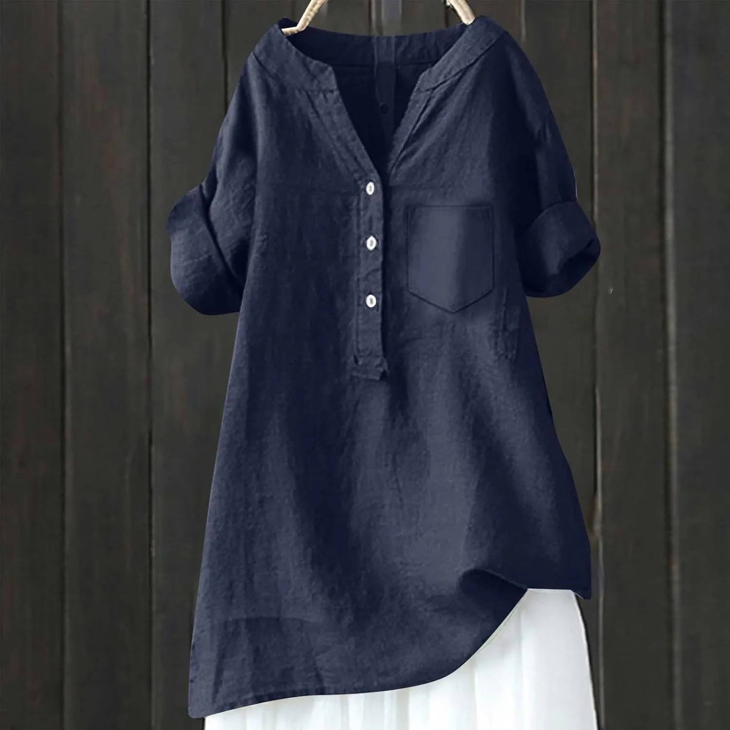 Women Linen Shirts V Neck Button Blouse Boho Dressy Tshirts Short Sleeve Loose Fit T Shirts