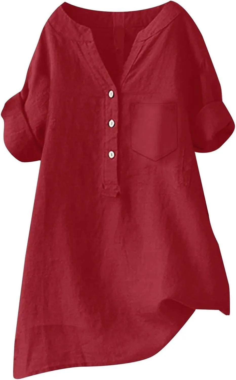 Women Linen Shirts V Neck Button Blouse Boho Dressy Tshirts Short Sleeve Loose Fit T Shirts