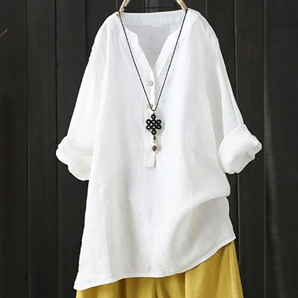 Women Linen Shirts V Neck Button Blouse Boho Dressy Tshirts Short Sleeve Loose Fit T Shirts