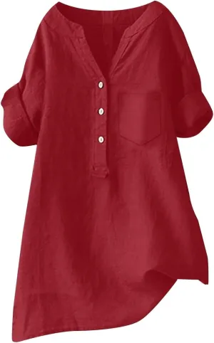 Women Linen Shirts V Neck Button Blouse Boho Dressy Tshirts Short Sleeve Loose Fit T Shirts