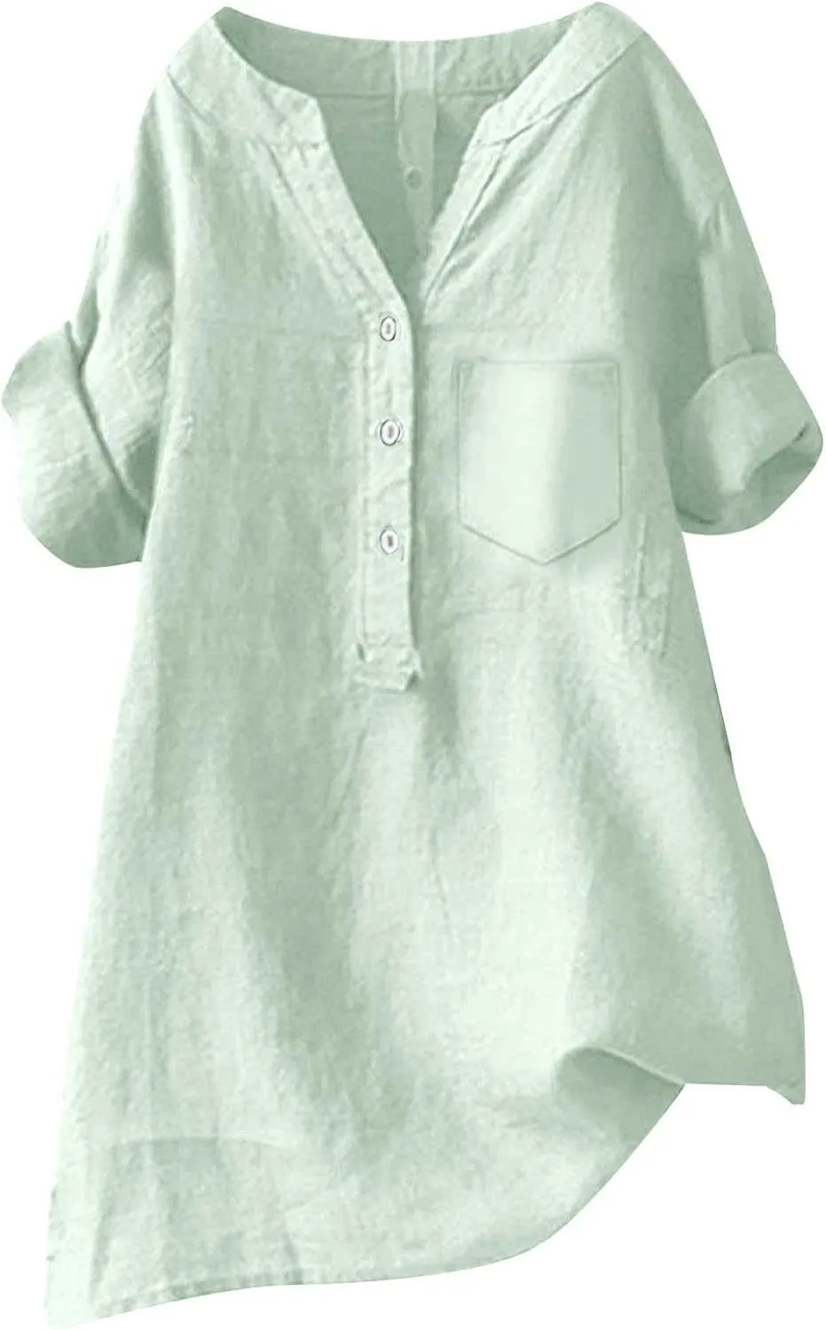 Women Linen Shirts V Neck Button Blouse Boho Dressy Tshirts Short Sleeve Loose Fit T Shirts