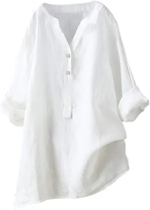 Women Linen Shirts V Neck Button Blouse Boho Dressy Tshirts Short Sleeve Loose Fit T Shirts