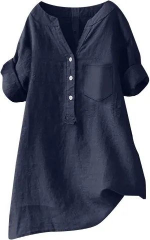 Women Linen Shirts V Neck Button Blouse Boho Dressy Tshirts Short Sleeve Loose Fit T Shirts