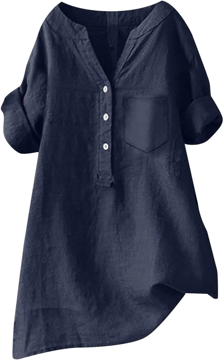 Women Linen Shirts V Neck Button Blouse Boho Dressy Tshirts Short Sleeve Loose Fit T Shirts
