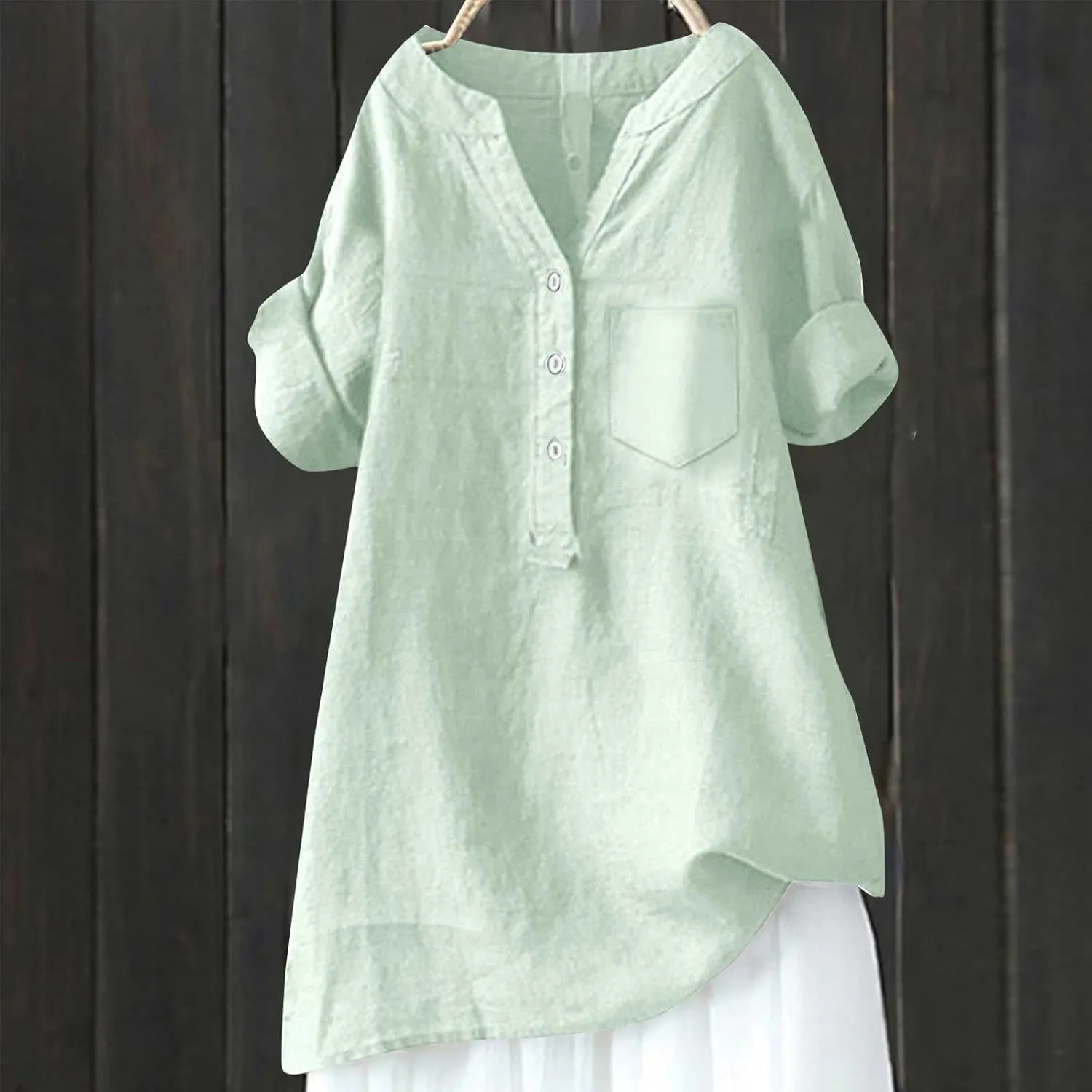 Women Linen Shirts V Neck Button Blouse Boho Dressy Tshirts Short Sleeve Loose Fit T Shirts