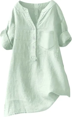Women Linen Shirts V Neck Button Blouse Boho Dressy Tshirts Short Sleeve Loose Fit T Shirts