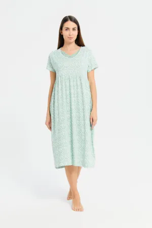 Women Mint Knit Printed Nightgown