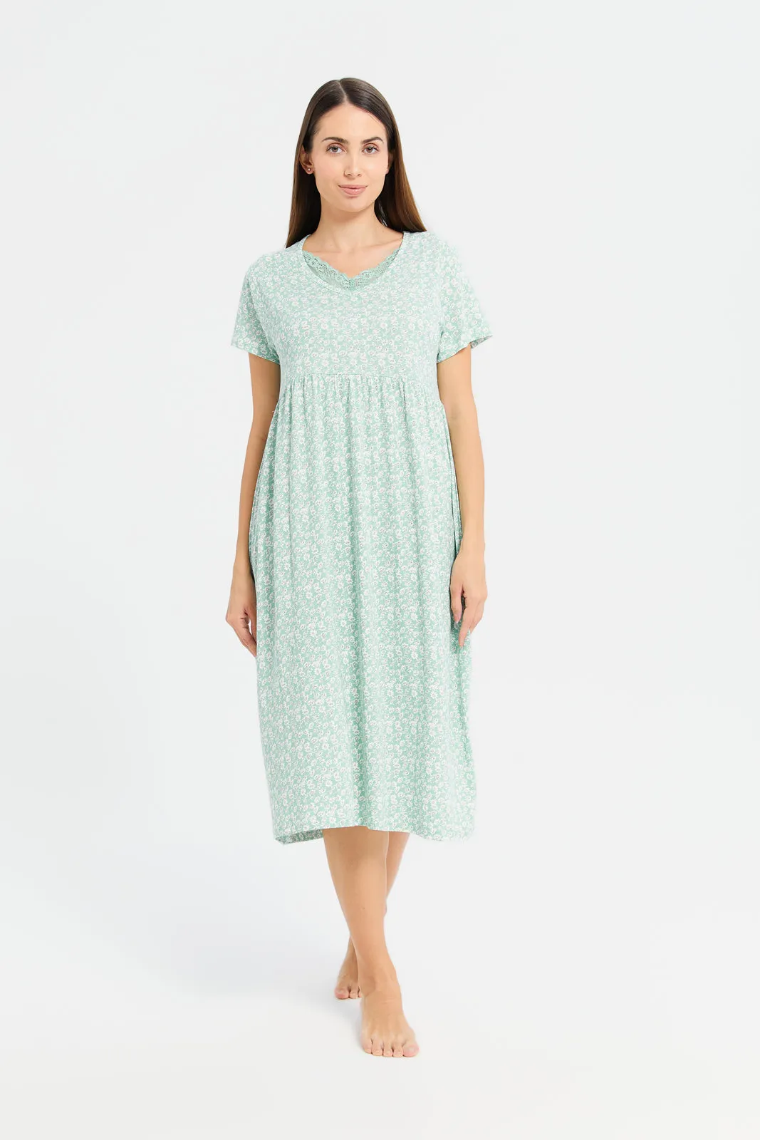 Women Mint Knit Printed Nightgown