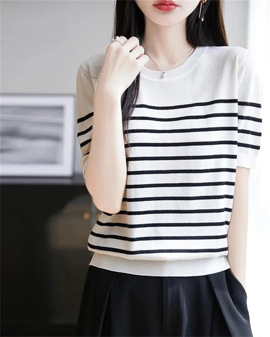 Women O-Neck Short Sleeve Loose Striped Tops Solid Short Sleeve T-Shirt Sweater
