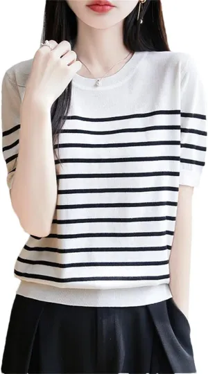 Women O-Neck Short Sleeve Loose Striped Tops Solid Short Sleeve T-Shirt Sweater