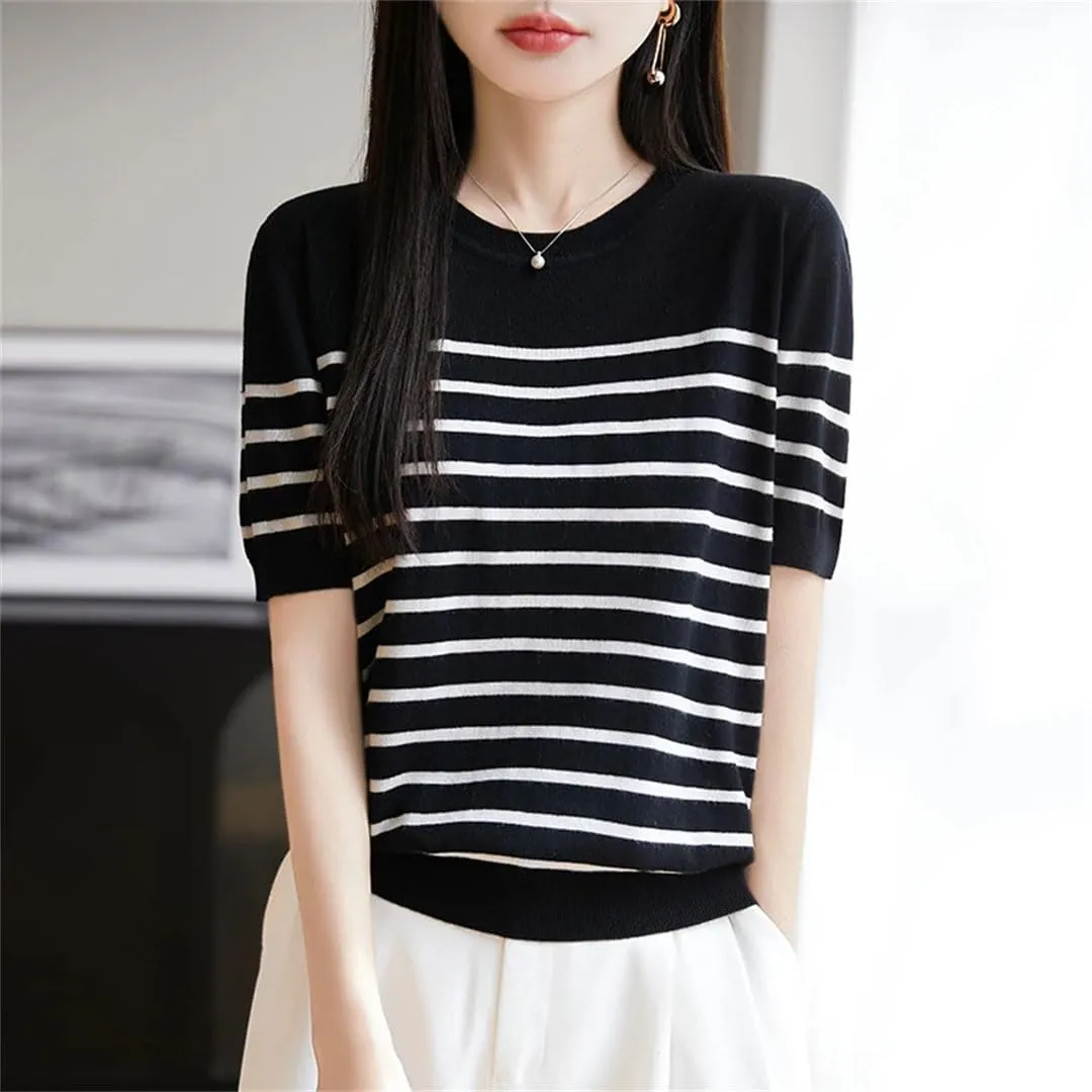 Women O-Neck Short Sleeve Loose Striped Tops Solid Short Sleeve T-Shirt Sweater