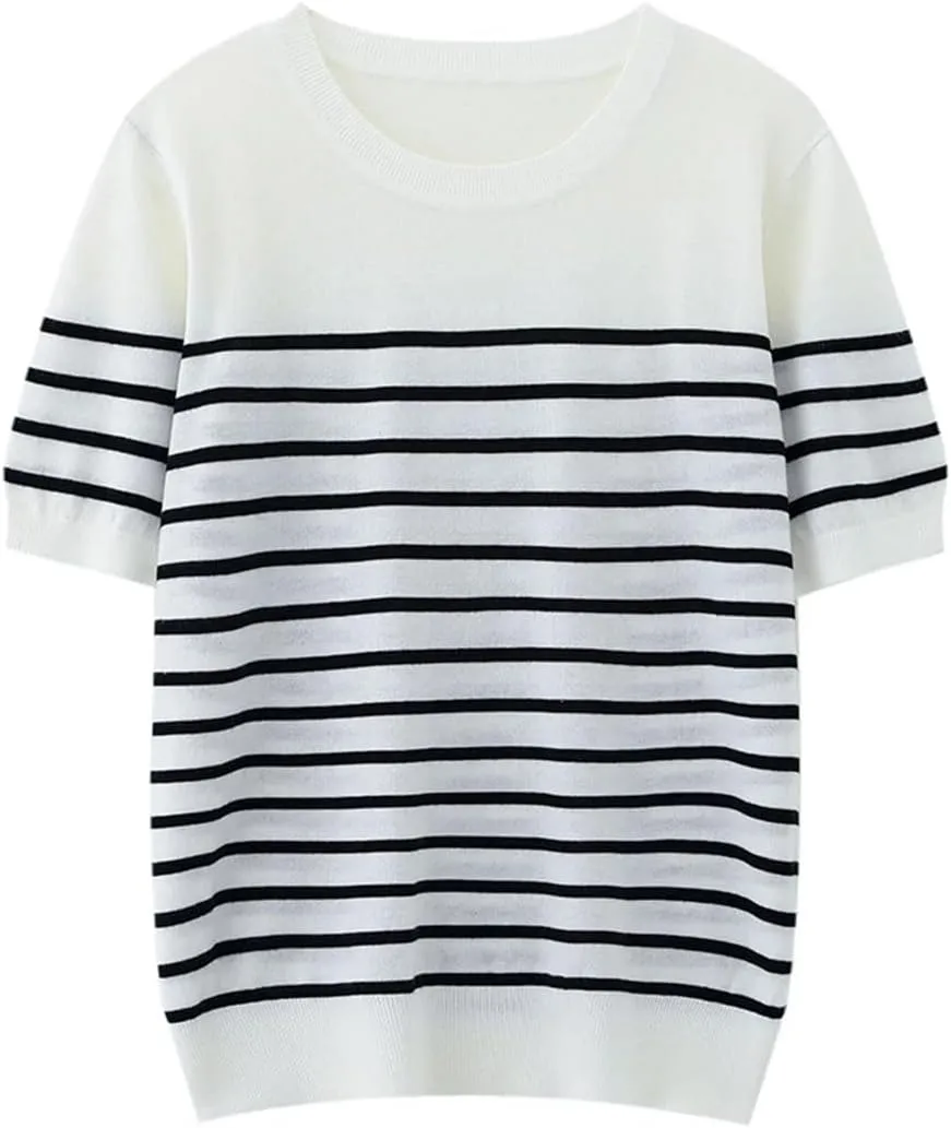 Women O-Neck Short Sleeve Loose Striped Tops Solid Short Sleeve T-Shirt Sweater